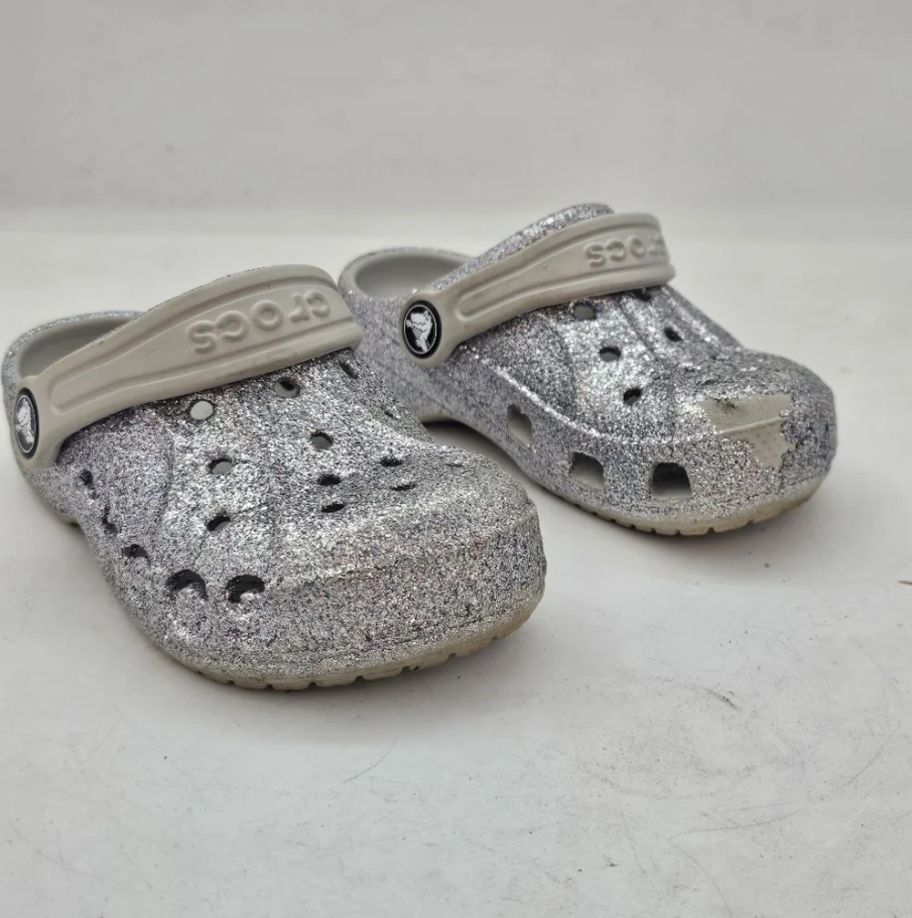 Crocs Baya Glitter Clogs Silver Little Kids Size 9 Toddler Sparkly Comfort Shoes